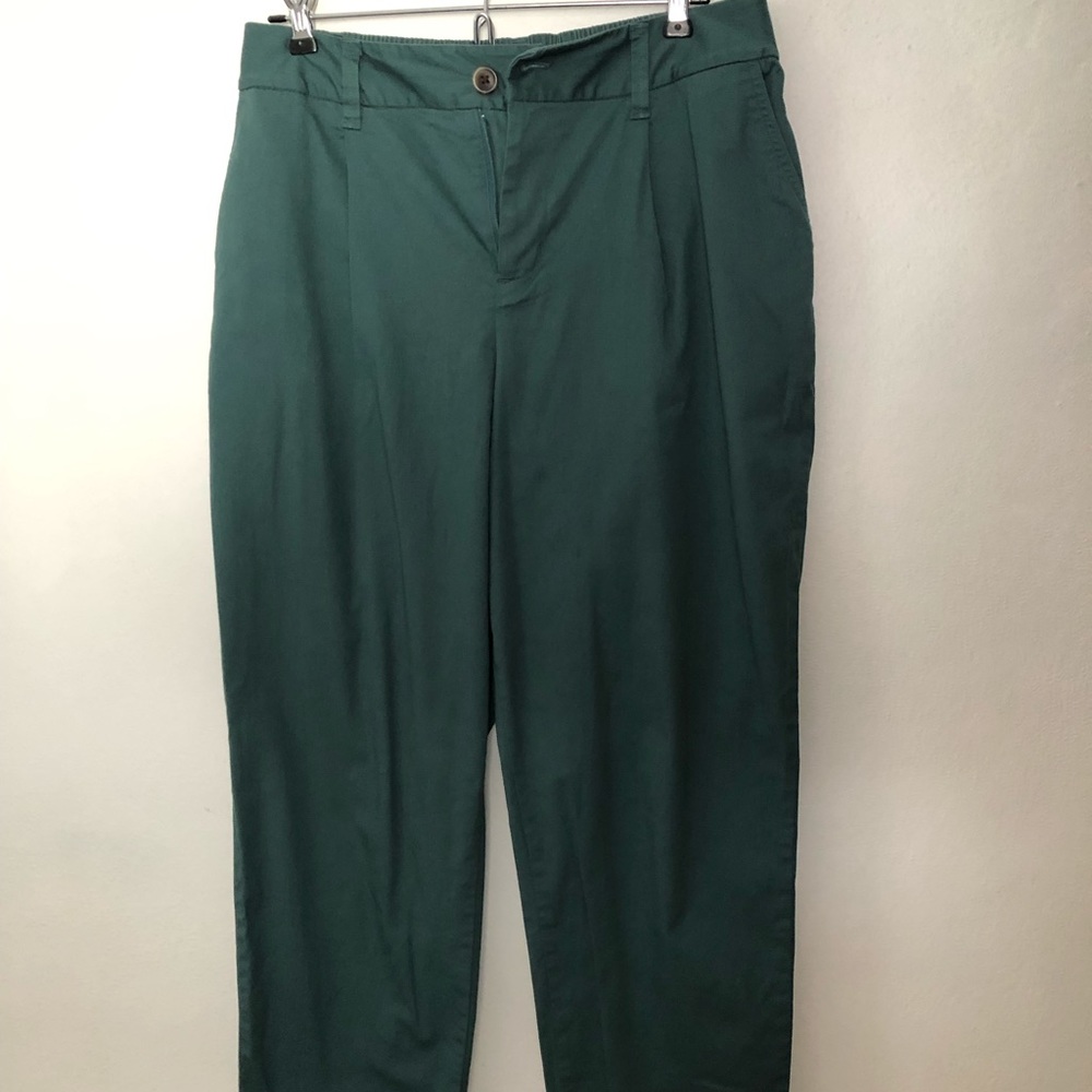 Women’s Pleated Bluish Green Cotton Pants, Cuffed, Size Medium